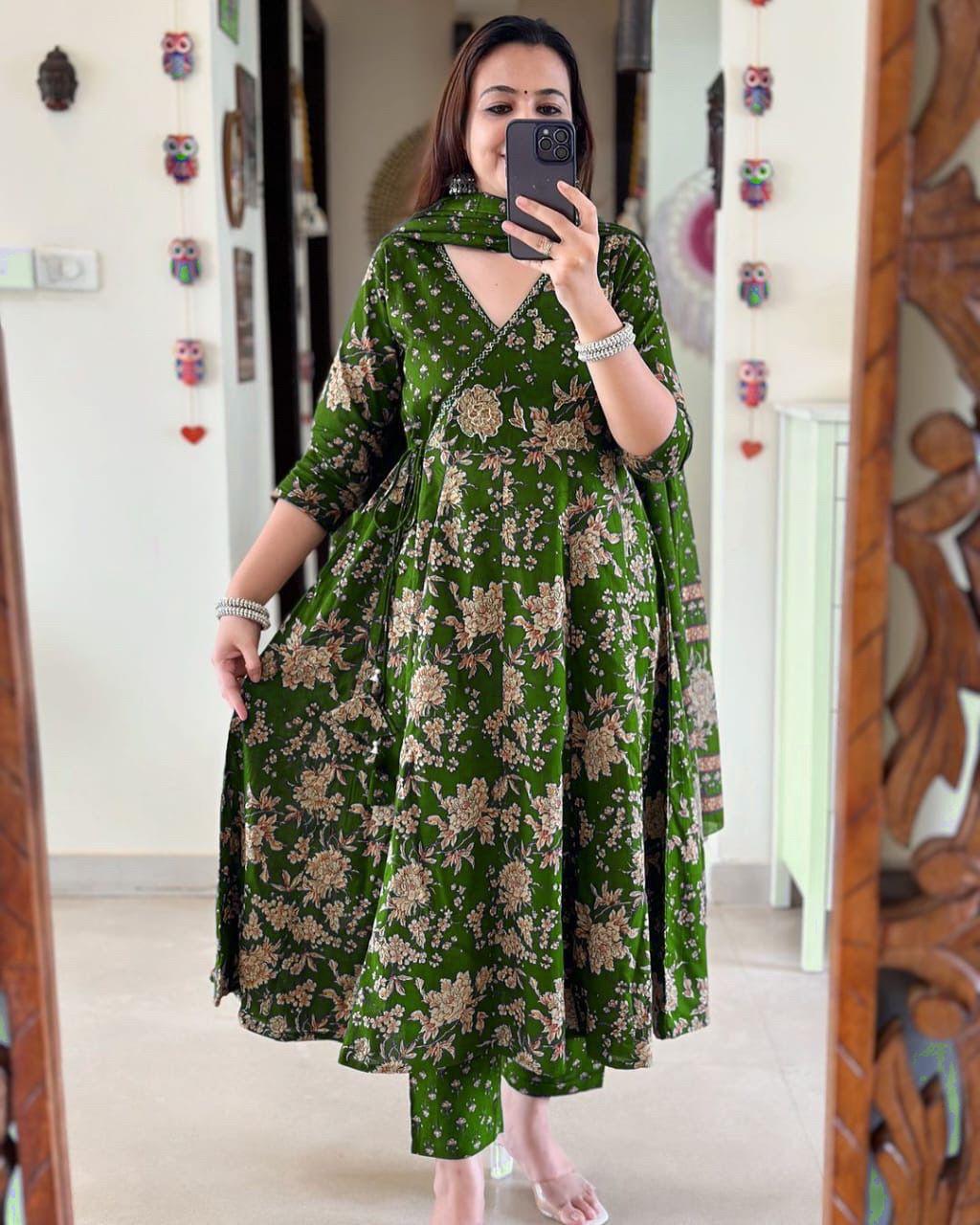 Anarkali Kurta Set With Angrakha Style For Women( Green )