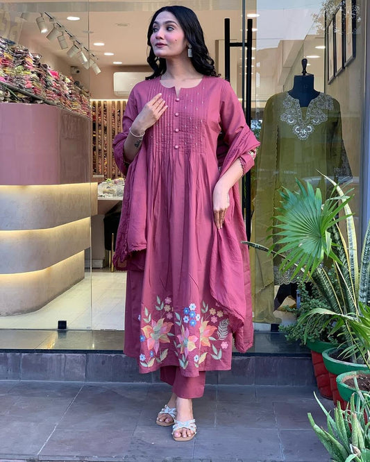 Mauve Pink Floral Embroidered Anarkali Kurta Set with Dupatta