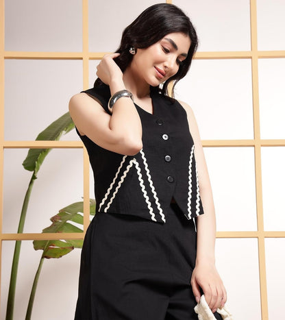 Women Indo Western Waist Coat With White Zigzag Lace Trousers Co-Ords Set