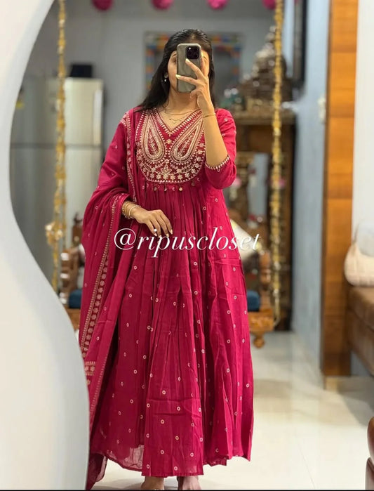 Stylish Cotton Embroidery Work Anarkali Kurti Set