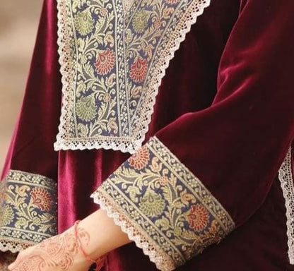 MAROON VELVET EMBROIDERY KURTI PANT SETS