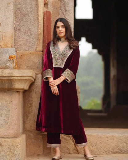 MAROON VELVET EMBROIDERY KURTI PANT SETS